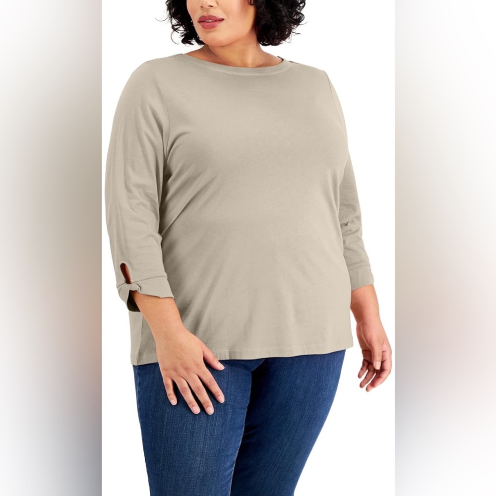 (3X:NWT) $39.50|Karen Scott Plus Size Boat Neck Top, Pebble